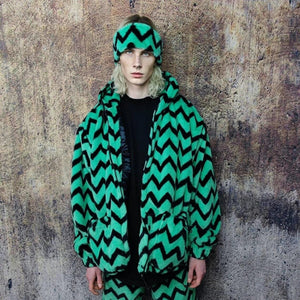 Zigzag fleece jacket green hooded geometric bomber luxury grunge coat detachable sleeves handmade stripe pattern overcoat fuzzy festival set