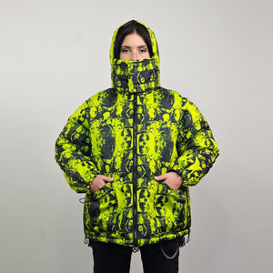 Horror fan jacket creepy print bomber green reversible punk college varsity detachable sleeves handmade gothic puffer hooded festival coat