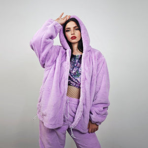 Faux fur joggers lilac soft fleece trousers luxury soft pants handmade party hotpants fluffy festival set raver tracksuit