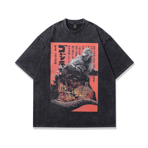 Godzilla print t-shirt monster anime tee retro Japanese top in vintage grey