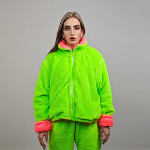 Neon green fleece rave jacket reversible fluorescent hooded party bomber fluffy coat detachable sleeve two sided overcoat fuzzy festival set