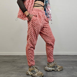 Pink fleece joggers fluffy pants cozy festival trousers retro geometric overalls raver outfit fuzzy jumpsuit burning man set
