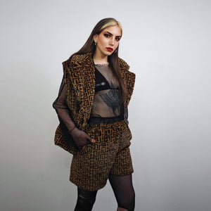 Arabic pattern short coat brown black fleece trench geometric print jacket detachable sleeves handmade zigzag party overcoat festival set