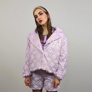 Cropped going out coat purple gold glitter jacket shiny embellished fleece bomber detachable sleeves handmade party trench festival set