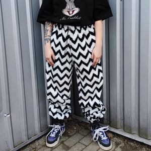 Geometric fleece joggers white zigzag trousers luxury stripe pattern pants handmade party hotpants grunge festival set raver tracksuit