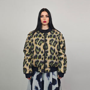 Leopard jacket brown animal print bomber reversible cheetah college varsity detachable sleeves handmade rave puffer grunge festival coat