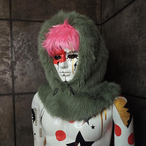 Star print hood yellow faux fur snood handmade hooded hat ski cap allover fluffy fleece scarf unisex bucket grunge winter festival headwear