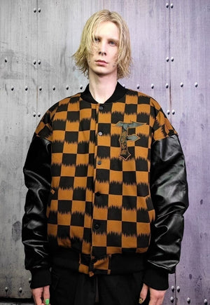 Drop shoulder varsity jacket faux leather check jacket brown