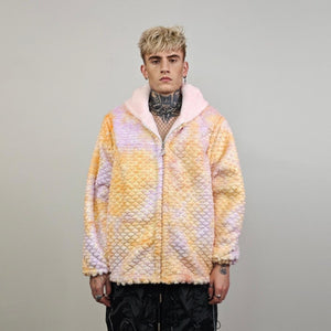 Tie-dye mermaid jacket orange reversible fleece hood faux fur bomber retro geometric coat burning man overcoat fluffy golden festival set