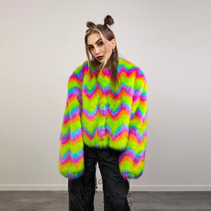 Rainbow faux fur coat short striped collarless jacket unicorn trench fluffy detachable sleeves handmade festival overcoat burning man fleece