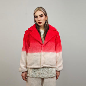 Cropped hooded fleece coat red gradient short rave jacket sports set burning man outfit detachable sleeves festival overcoat carnival trench