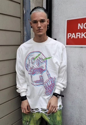 Distorted skull tee skeleton bones long sleeve t-shirt white