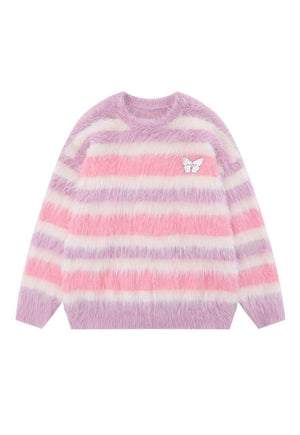 Striped sweater fluffy knitted jumper soft fleece in pink