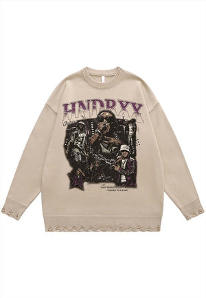 Future sweater knit distressed jumper rapper print top beige