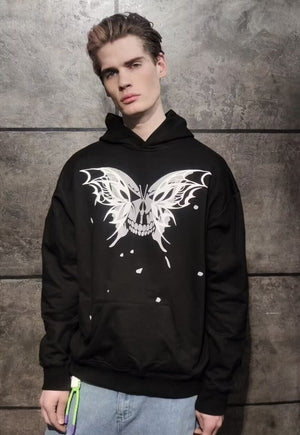 Silver butterfly hoodie metallic skeleton pullover black