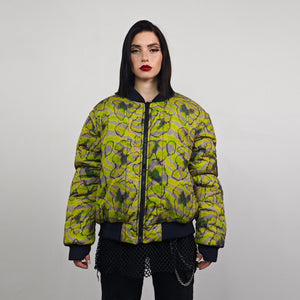 Psychedelic bomber animal print jacket green reversible tropical college varsity detachable sleeves handmade rave puffer festival neon coat