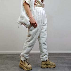 Fleece joggers off white ski fluffy pants faux fur trousers retro comfy overalls fuzzy bottoms golden festival set rave burning man outfit