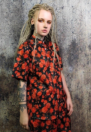 Rose shirt floral print short sleeve top in red black