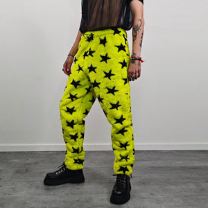 Star print joggers yellow faux fur geometric fleece pants psychedelic trousers handmade raver bottoms festival set