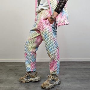 Mermaid joggers blue pink tie-dye fleece pants faux fur rainbow trousers retro geometric overalls fluffy bottoms festival set rave outfit