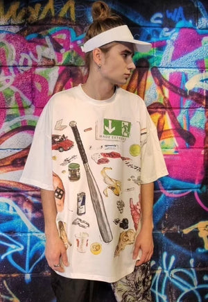 Baseball bat print tee graffiti skater t-shirt in white
