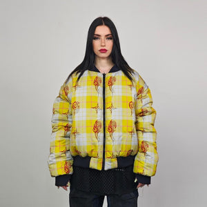 Tribal bomber yellow tattoo print jacket Aztec reversible college varsity detachable sleeves handmade checked puffer grunge plaid punk coat