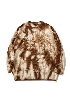 Tie-dye sweater cable knitted jumper gradient pullover brown