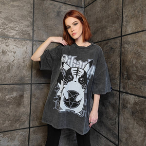Pokemon t-shirt premium vintage wash Pikachu tee retro Nintendo grunge top Gothic cartoon jumper in acid grey