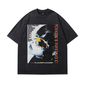 Futuristic t-shirt raver print tee retro Y2K cyberpunk top in vintage grey