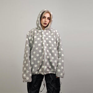 Spot pattern fleece jacket gray hooded polka dot bomber retro geometric coat detachable sleeves handmade preppy overcoat fluffy festival set