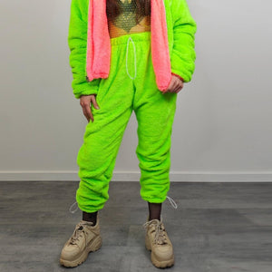 Neon green fleece joggers rave pants fluorescent trousers carnival tracksuit party overalls fluffy jumpsuit fuzzy burning man festival set
