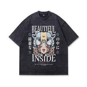 Tiger t-shirt anime print tee Japanese cartoon top in vintage grey