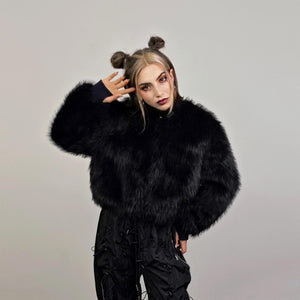 Black faux fur bomber short fluffy college bomber cropped varsity jacket gothic coat fluffy detachable sleeves festival overcoat rave fleece