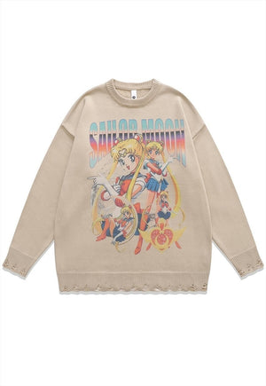 Anime sweater knitted distressed jumper beige