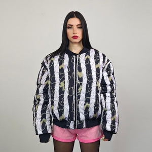 Vertical stripe bomber black white Beetlejuice jacket creepy reversible college varsity detachable sleeves handmade horror fan grunge coat