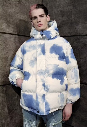 Clouds print bomber tie-dye rainbow sky puffer jacket blue