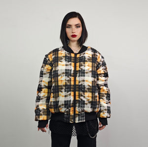 Tie-dye check bomber yellow tartan jacket raver reversible college varsity detachable sleeves handmade plaid puffer grunge punk rocker coat