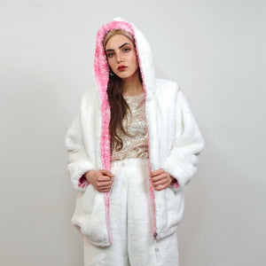 Reversible fleece jacket cream tie-dye bomber pink hood faux fur retro geometric coat detachable sleeve overcoat fluffy golden festival set