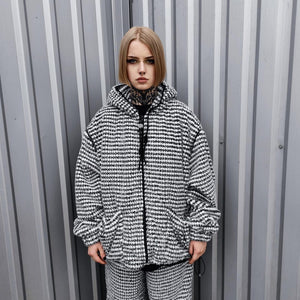 Geometric fleece jacket hooded fluffy bomber luxury striped coat detachable sleeves handmade removable sleeves overcoat fuzzy festival set