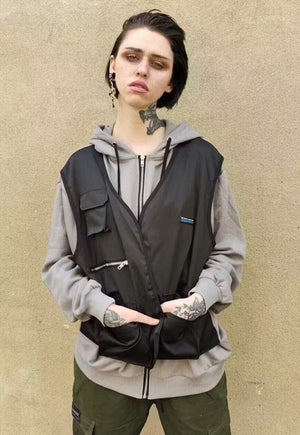 2 in 1 Drop shoulder hoodie utility cargo vest set in grey
