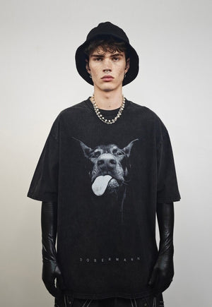 Dobermann t-shirt Pinscher tee dog print top in vintage grey