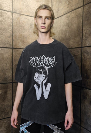 Anime t-shirt premium vintage wash grunge tee in grey