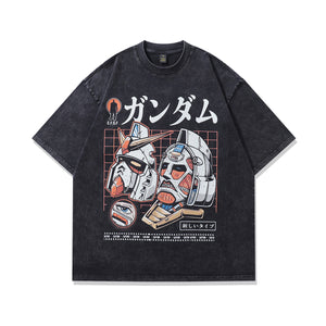 Robot print t-shirt anime tee retro Japanese top in vintage grey