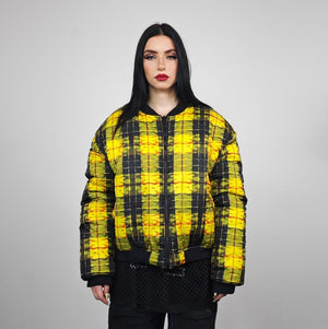 Flame bomber check yellow jacket thunder print reversible college varsity detachable sleeves handmade clueless plaid puffer grunge rock coat