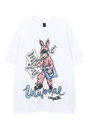 Bunny print t-shirt Anime tee retro cartoon top in white