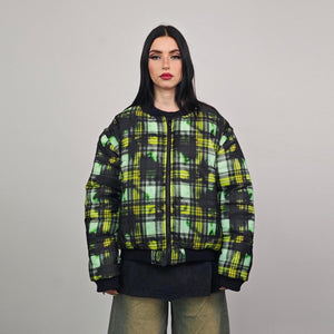 Tie-dye check bomber green brat jacket raver reversible college varsity detachable sleeves handmade plaid puffer grunge punk rocker coat