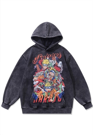 Anime hoodie vintage wash pullover cartoon jumper