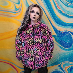 Leopard fleece jacket fluffy rainbow track jacket faux fur animal print bomber festival jacket rainbow coat pride jacket in pink purple