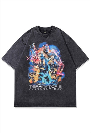 Robot print t-shirt Terminator tee 90s movie top in grey