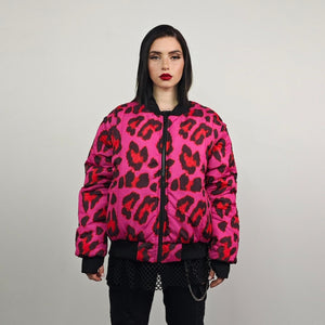 Leopard jacket neon pink animal print bomber reversible cheetah college varsity detachable sleeves handmade rave puffer grunge festival coat
